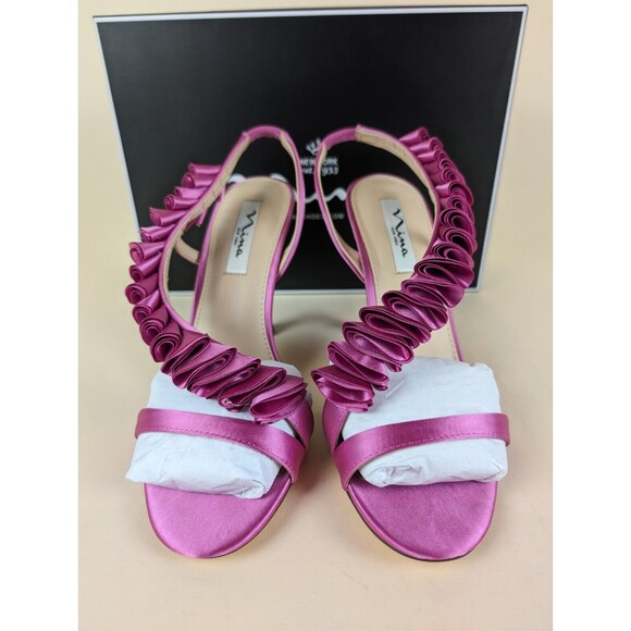 Nina Claudy Ruffle Heels Evening Sandals Womens 9.5 M Ultra Pink Satin Shoes NWB - Picture 8 of 13